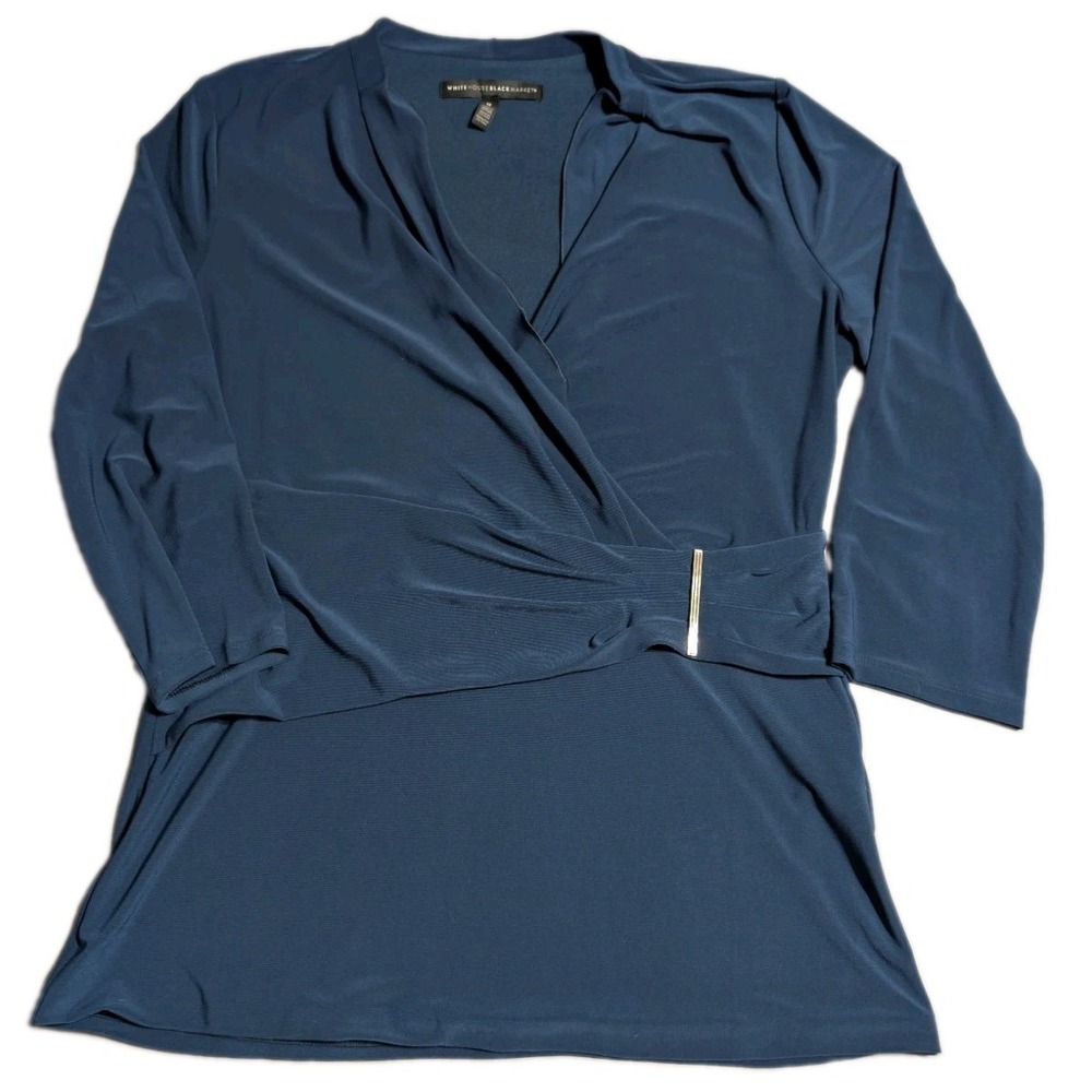 White House Black Market Top Womens M Blue Wrap Ruched Long Sleeve Tunic